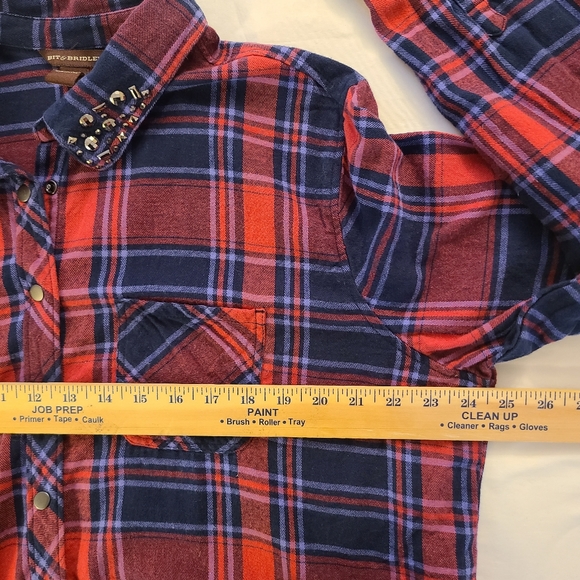 BIT & BRIDLE Red Navy Plaid Embellished Collar Long Sleeve Flannel Shirt Size XL - Picture 8 of 10